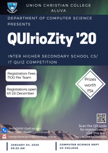 An Inter Higher Secondary School CS / IT Quiz Competition QUIrioZity’20 will be held on January 4, 2020